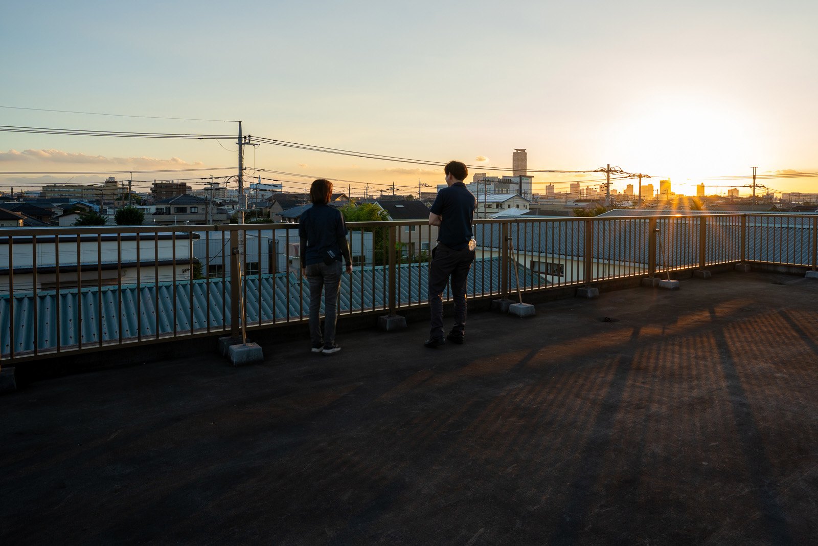 夕方の屋上から街を見渡す社員